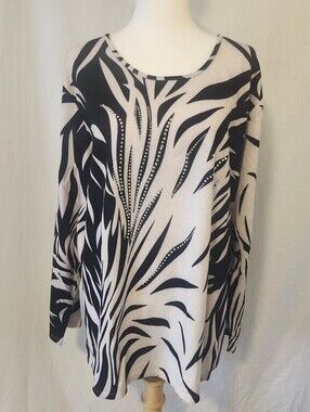 Allison Daley Black and Cream Abstract Print Long-Sleeve Top w Irredencet Gems